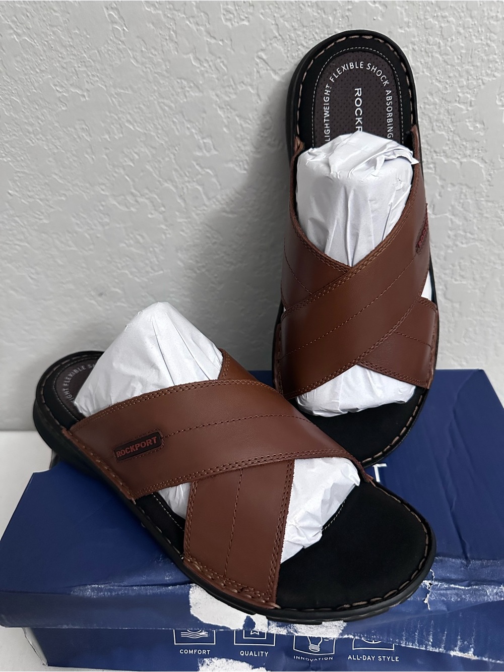 Rockport Men's Darwyn Cross Band Slide Sandal Size 10.5 Coach Brown Leather